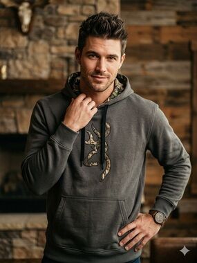 Mossy Oak Gray Pullover Hoodie with Camo Logo and Lined Hood